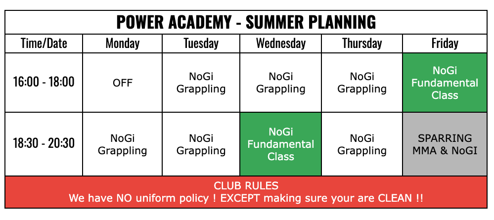 Class schedule